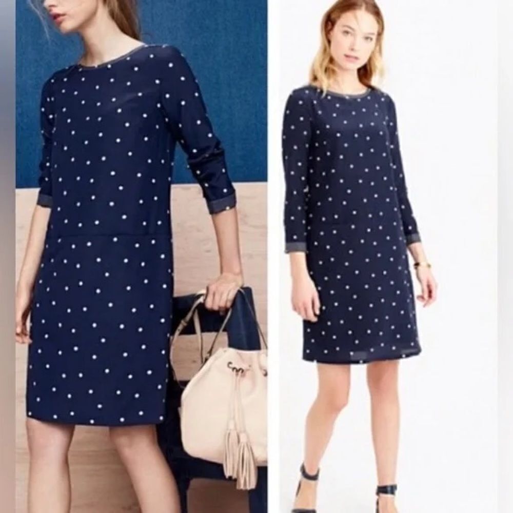 J. Crew Size 00 Navy Blue & White Polka Dot 100% Silk 3/4 Sleeve Shift Dress